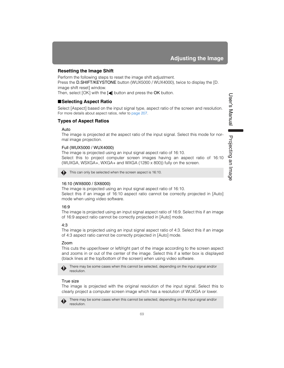 Resetting the image shift, Selecting aspect ratio, Types of aspect ratios | Adjusting the image | Canon XEED SX6000 User Manual | Page 69 / 240