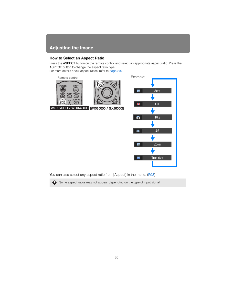 How to select an aspect ratio, Aspect button, Ect button | Adjusting the image | Canon XEED SX6000 User Manual | Page 70 / 240