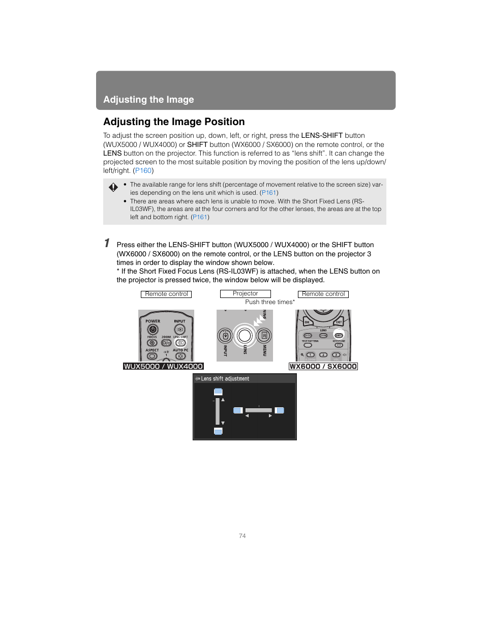 Adjusting the image position, Adjusting the image | Canon XEED SX6000 User Manual | Page 74 / 240
