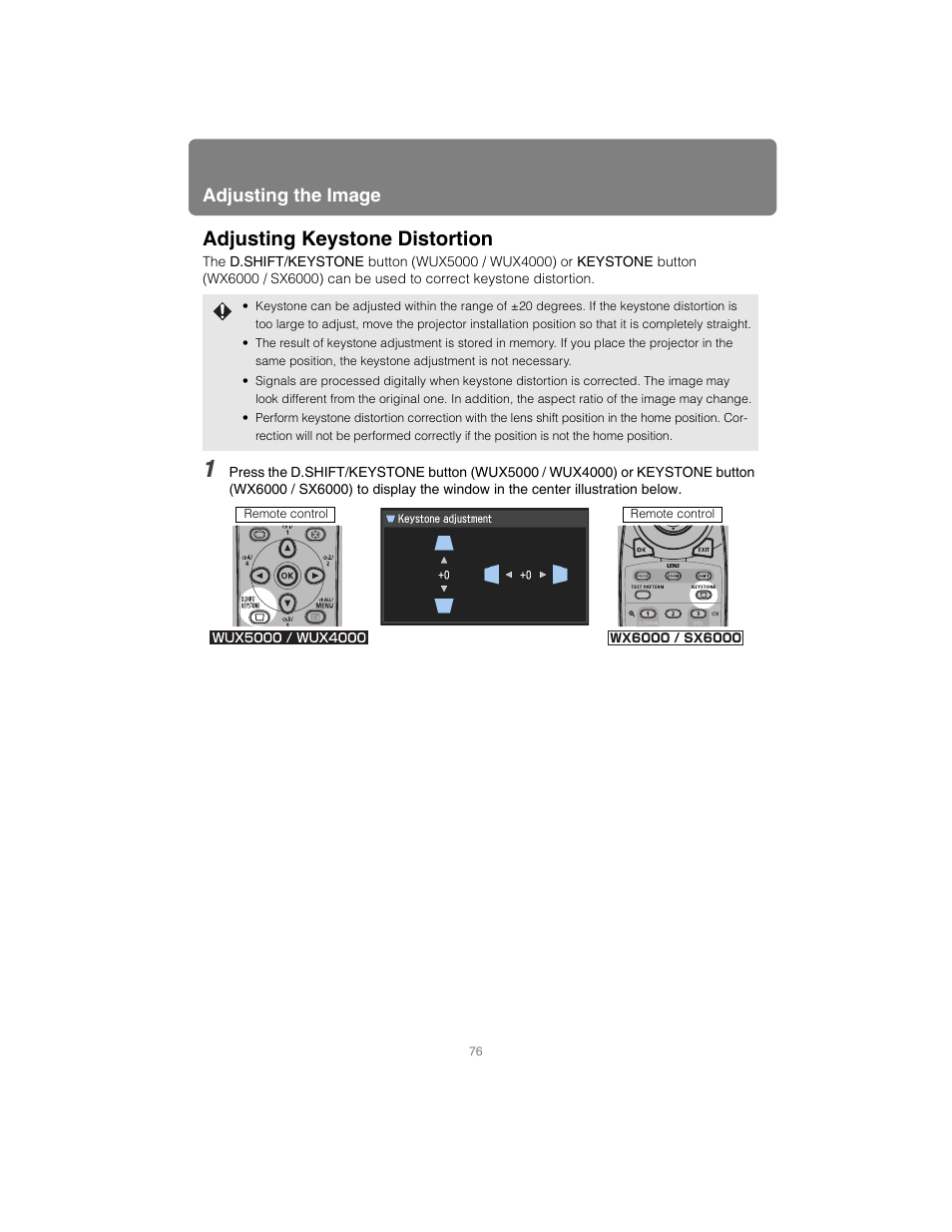 Adjusting keystone distortion, Adjusting the image | Canon XEED SX6000 User Manual | Page 76 / 240