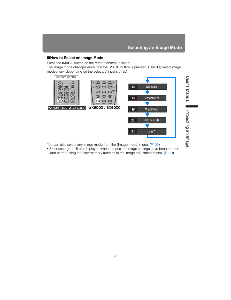 How to select an image mode, Tton | Canon XEED SX6000 User Manual | Page 79 / 240