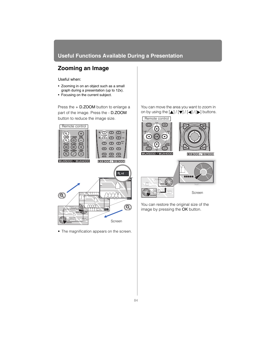 Zooming an image, Useful functions available during a presentation | Canon XEED SX6000 User Manual | Page 84 / 240
