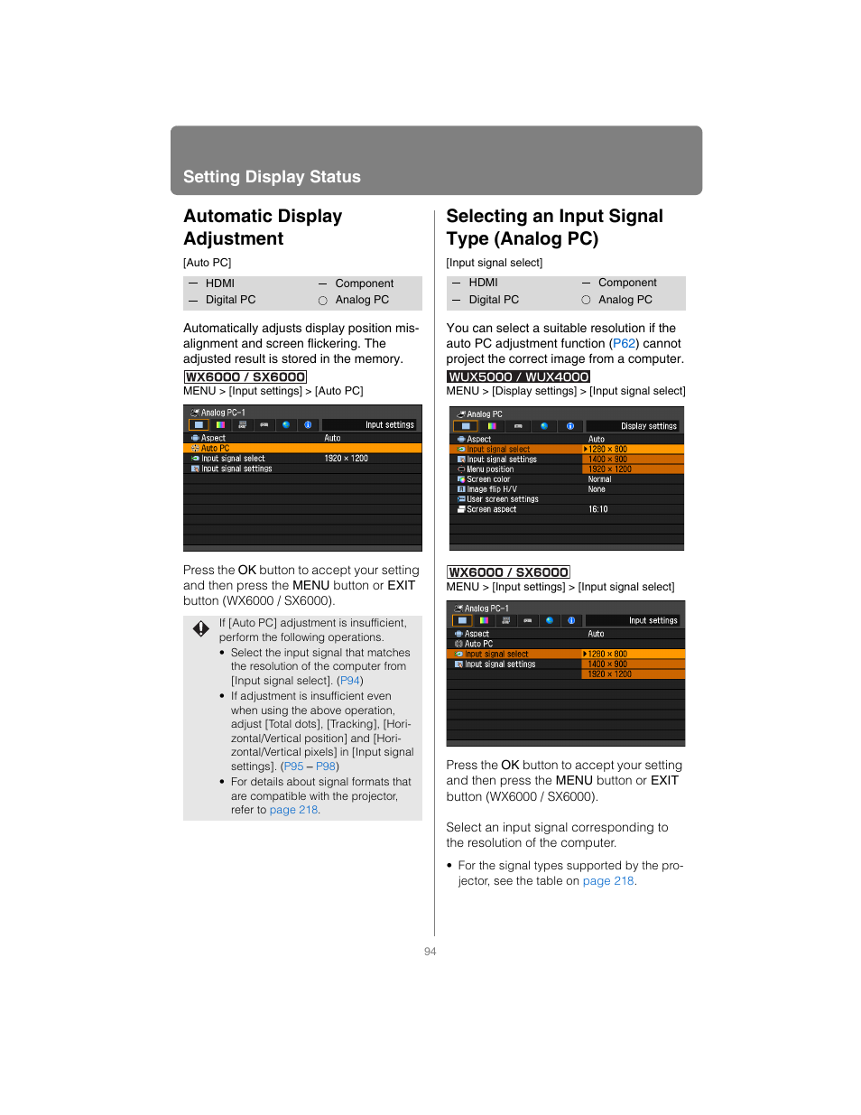 Automatic display adjustment, Selecting an input signal type (analog pc), Setting display status | Canon XEED SX6000 User Manual | Page 94 / 240