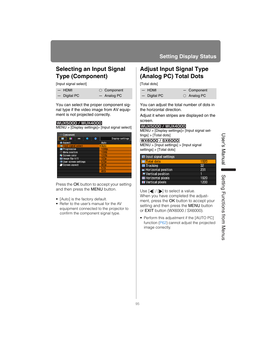 Selecting an input signal type (component), Adjust input signal type (analog pc) total dots, Setting display status | Canon XEED SX6000 User Manual | Page 95 / 240