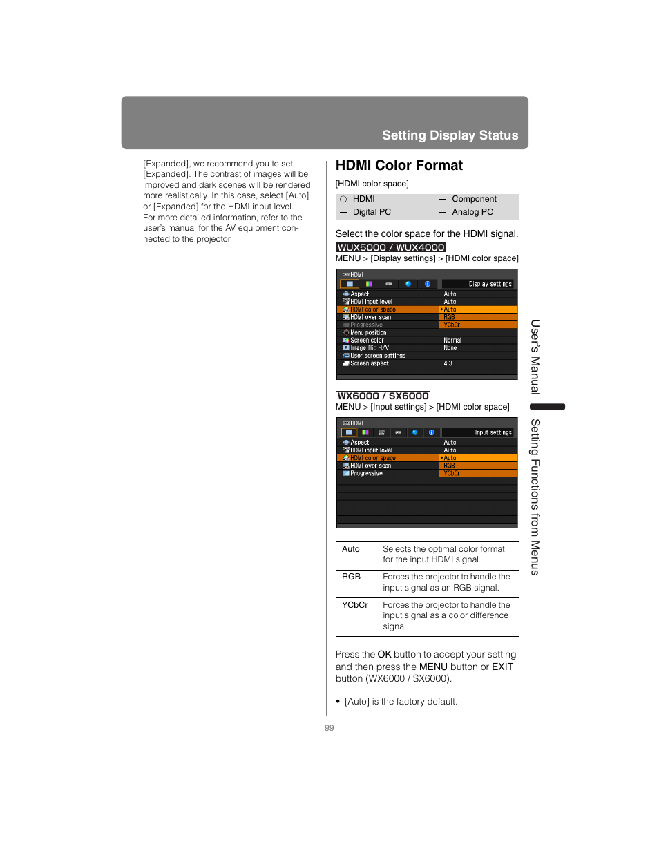Hdmi color format, Setting display status | Canon XEED SX6000 User Manual | Page 99 / 240