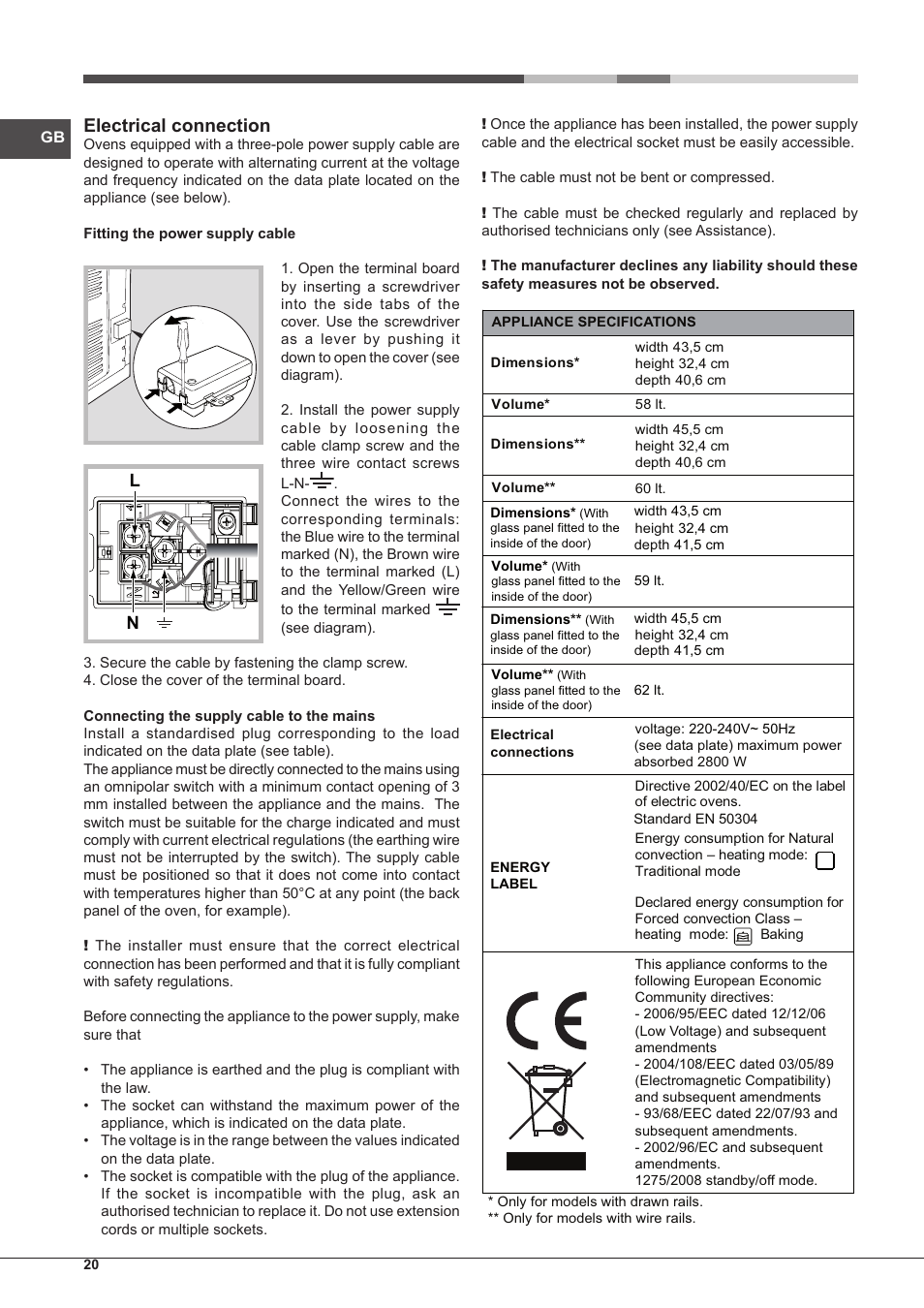 Electrical connection | Hotpoint Ariston Style FH 89 P IX-HA S User Manual | Page 20 / 56