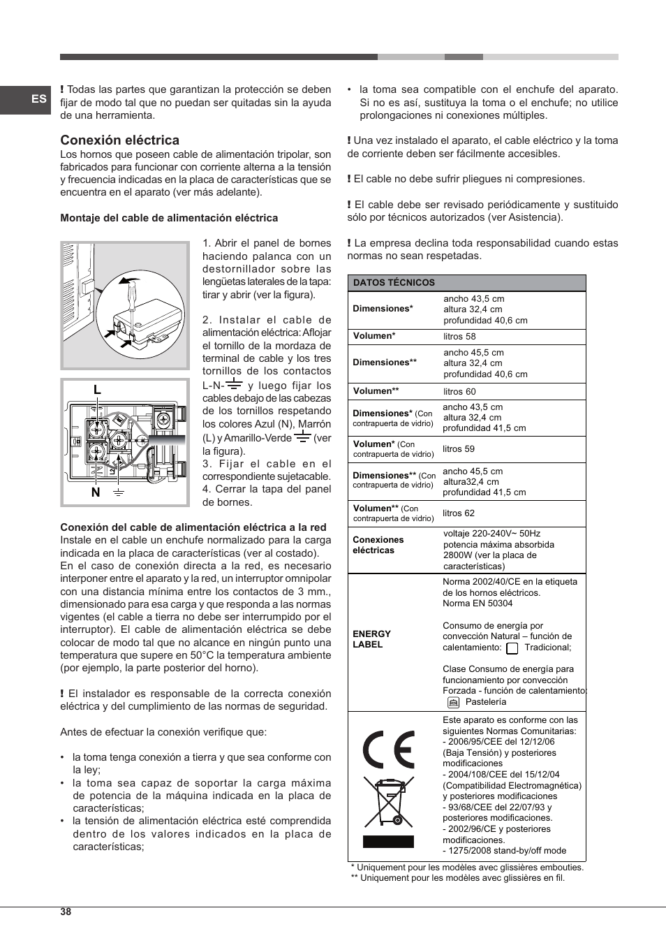 Conexión eléctrica | Hotpoint Ariston Style FH 89 P IX-HA S User Manual | Page 38 / 56