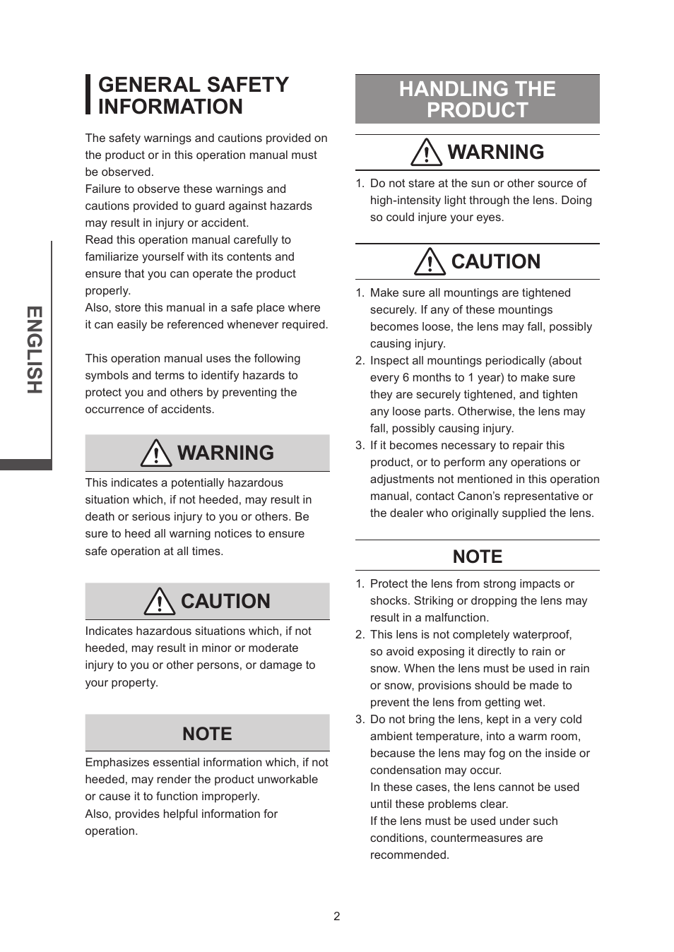 General safety information, Handling the product, En g lis h | Warning, Caution | Canon CN-E30-300mm T2.95-3.7 L SP User Manual | Page 15 / 41