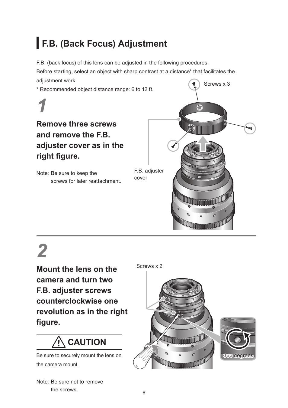 F.b. (back focus) adjustment, Caution | Canon CN-E30-300mm T2.95-3.7 L SP User Manual | Page 19 / 41