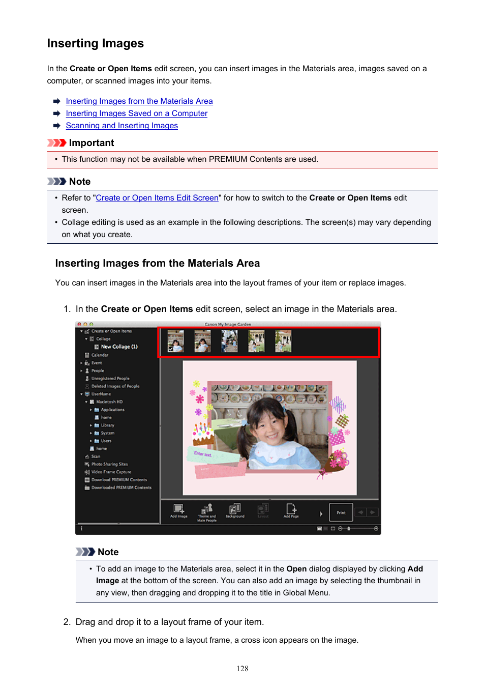 Inserting images, Refer to, Insert images | Canon PIXMA MX395 User Manual | Page 128 / 300