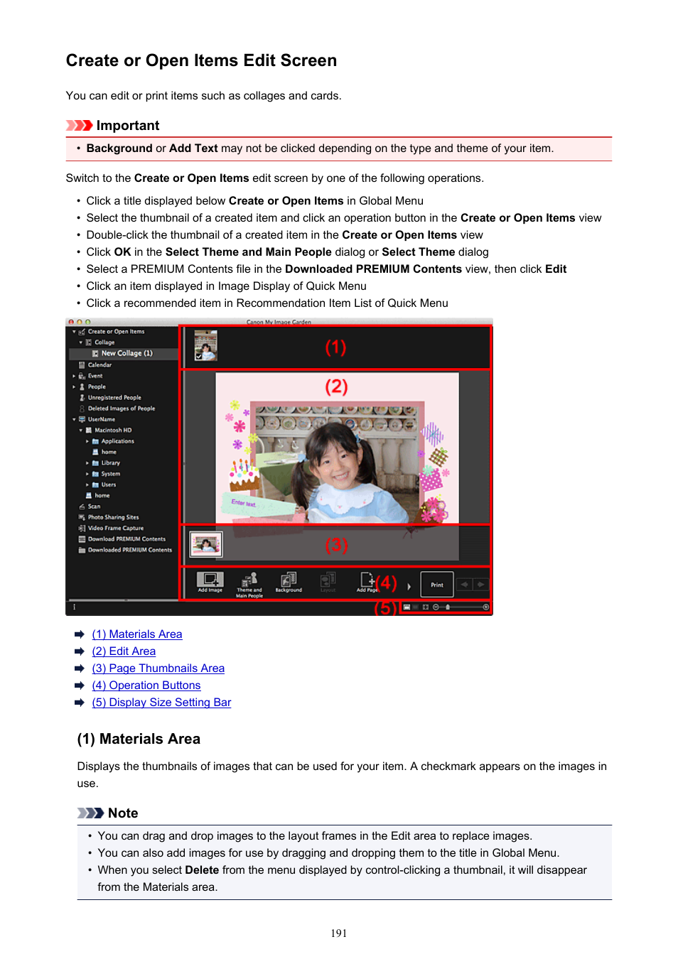 Create or open items edit screen, When you click a title, the view switches to, Create or open items | The view switches to, Double-click a thumbnail to switch to the, Create or, Open items edit screen | Canon PIXMA MX395 User Manual | Page 191 / 300