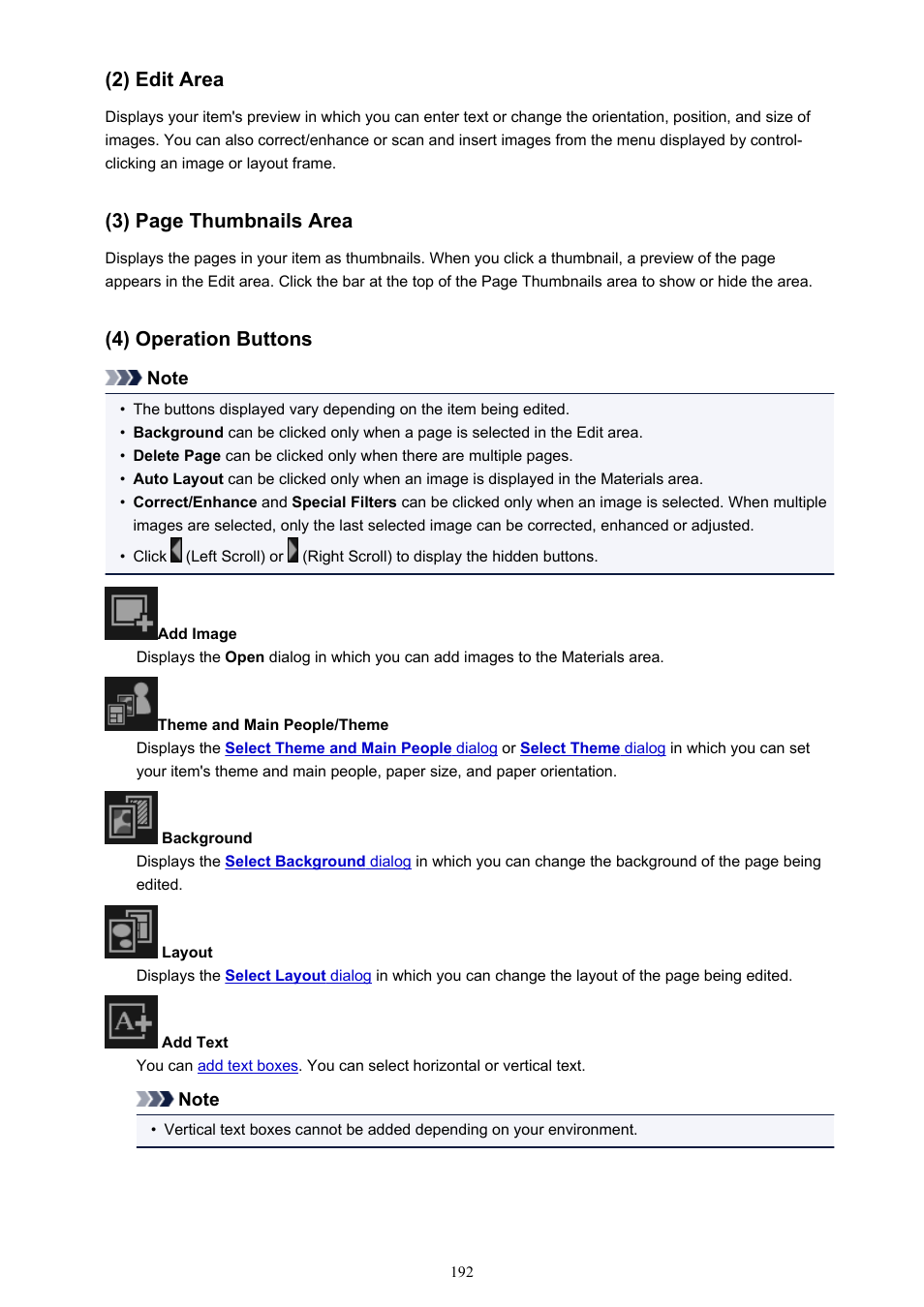 2) edit area, 3) page thumbnails area, 4) operation buttons | Canon PIXMA MX395 User Manual | Page 192 / 300