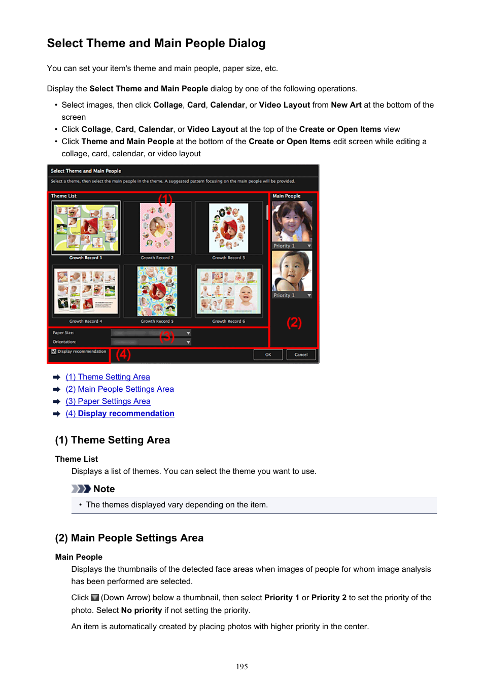 Select theme and main people dialog, Click a button to display the | Canon PIXMA MX395 User Manual | Page 195 / 300