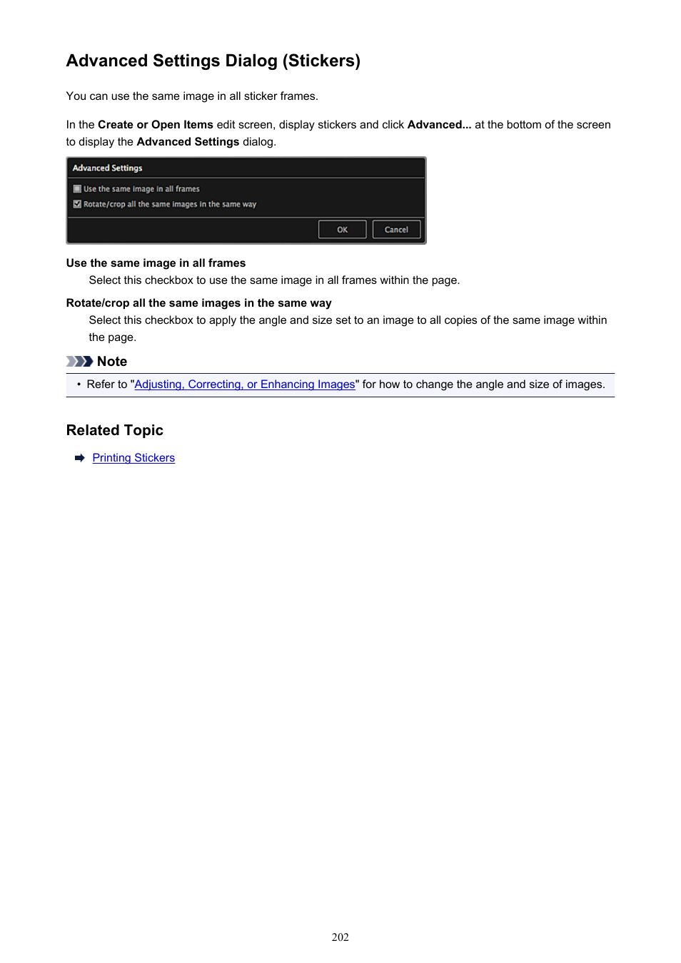 Advanced settings dialog (stickers), Advanced settings dialog, Displayed by clicking | Canon PIXMA MX395 User Manual | Page 202 / 300