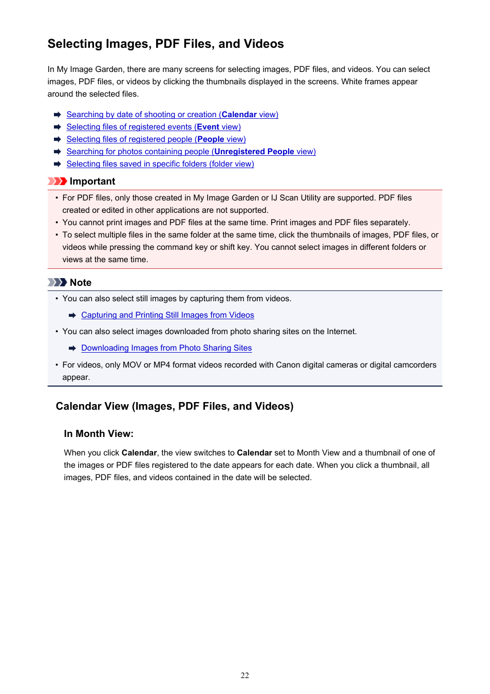 Selecting images, pdf files, and videos, For details | Canon PIXMA MX395 User Manual | Page 22 / 300