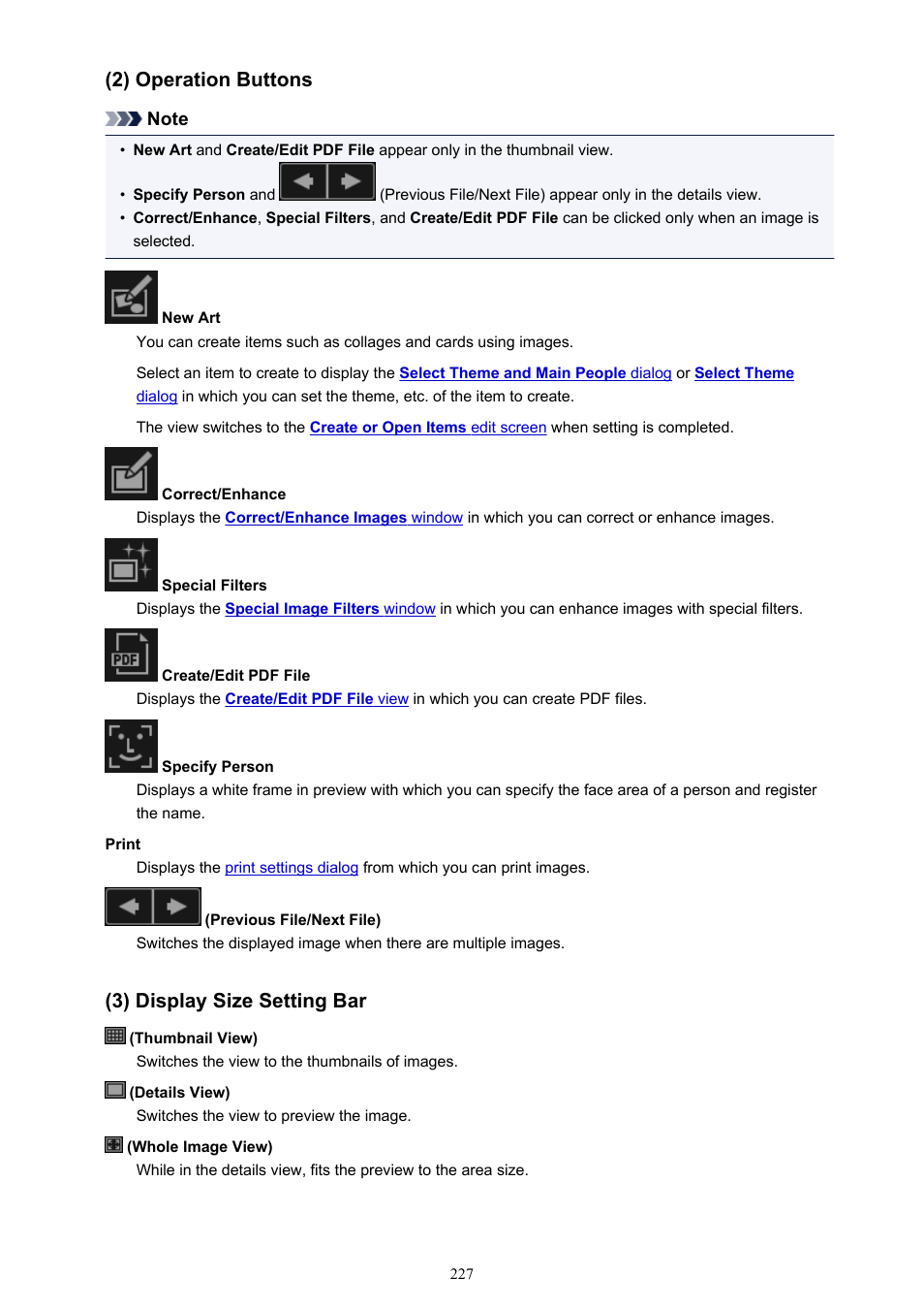 2) operation buttons, 3) display size setting bar | Canon PIXMA MX395 User Manual | Page 227 / 300