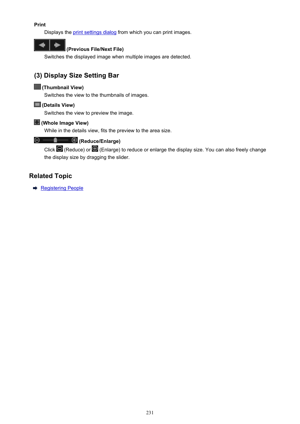 3) display size setting bar, Related topic | Canon PIXMA MX395 User Manual | Page 231 / 300