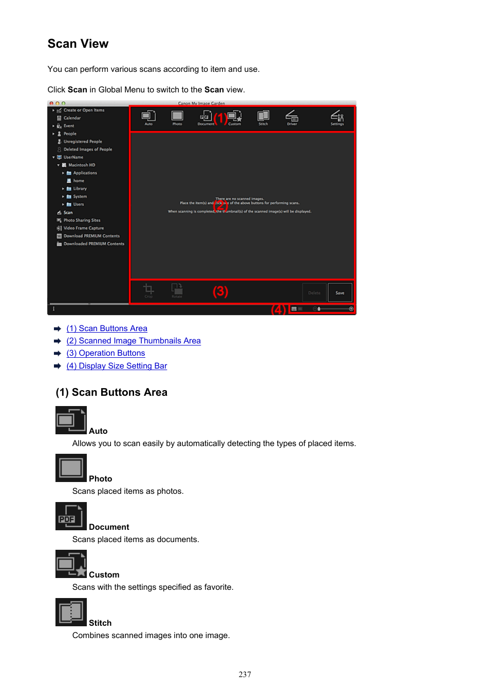 Scan view, The view switches to, Scan | Switches to the, In which you can scan photos and documents easily | Canon PIXMA MX395 User Manual | Page 237 / 300