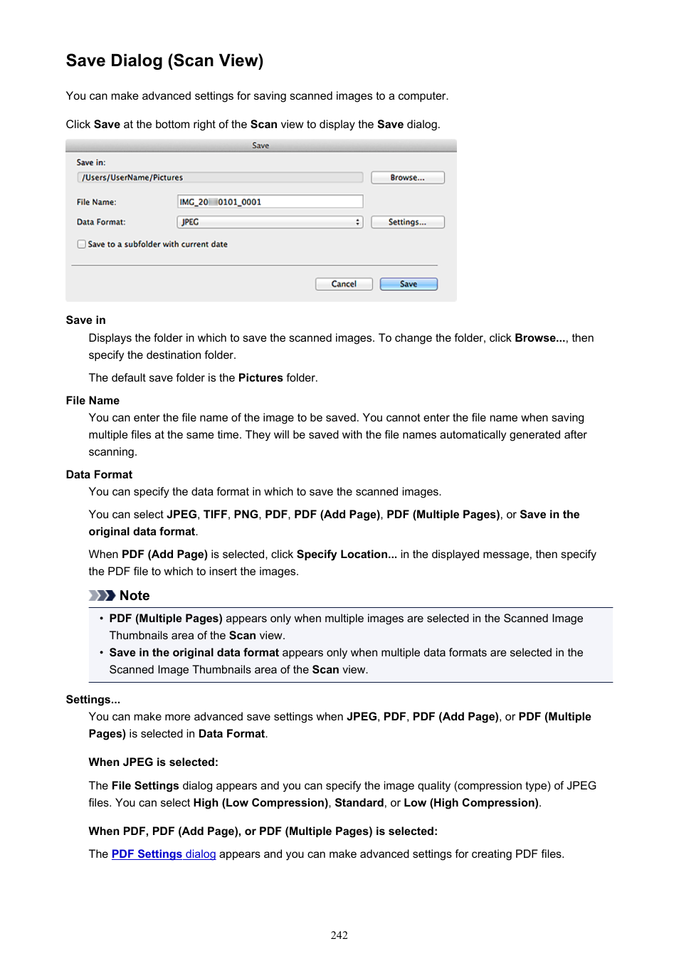 Save dialog (scan view), Save dialog | Canon PIXMA MX395 User Manual | Page 242 / 300
