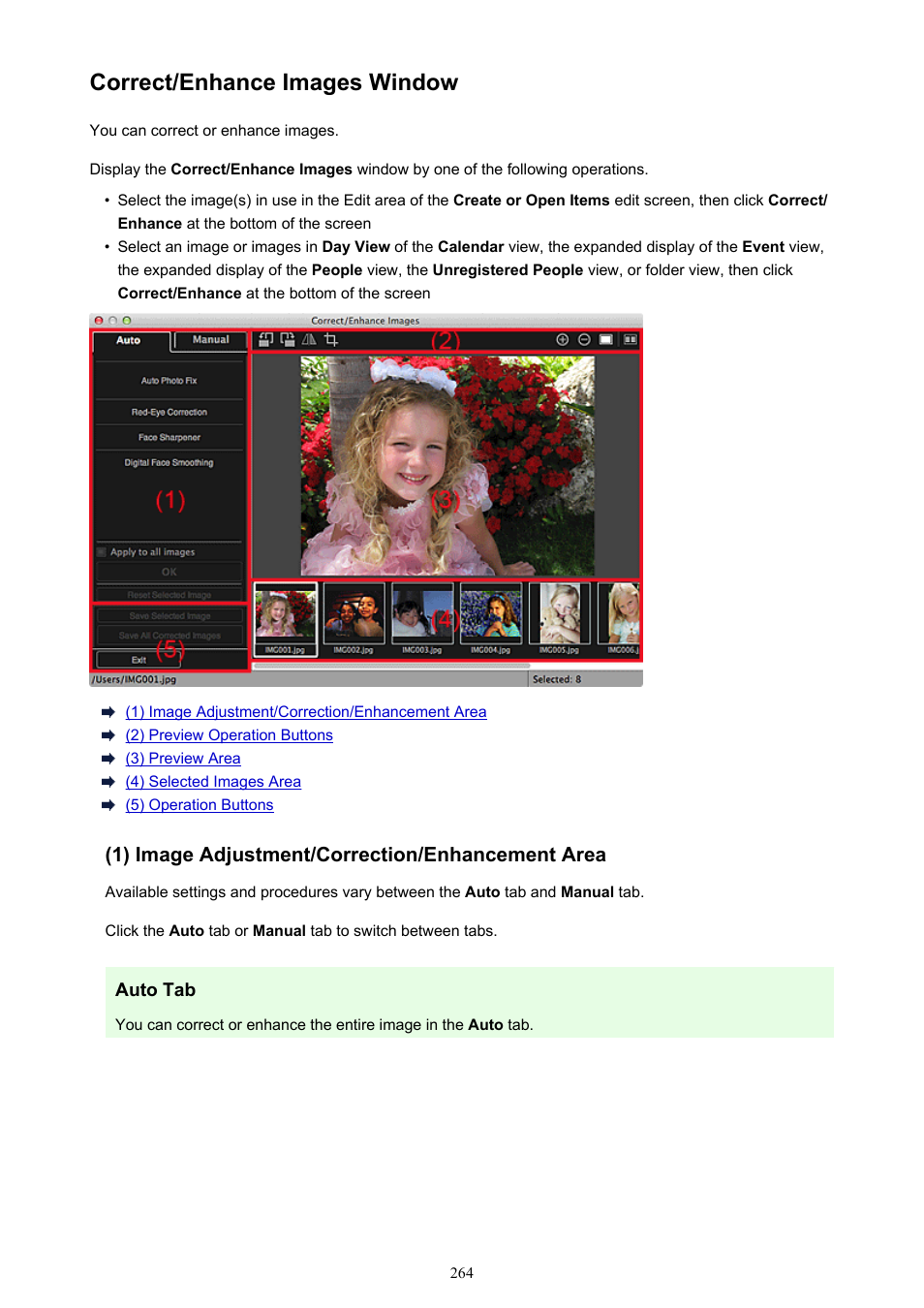 Correct/enhance images window, In which you can correct or enhance images | Canon PIXMA MX395 User Manual | Page 264 / 300