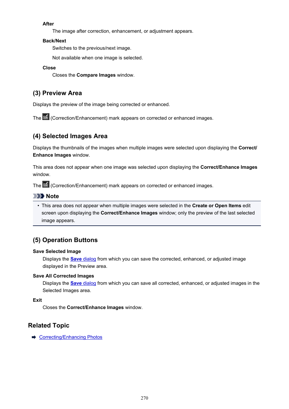 3) preview area, 4) selected images area, 5) operation buttons | Related topic | Canon PIXMA MX395 User Manual | Page 270 / 300