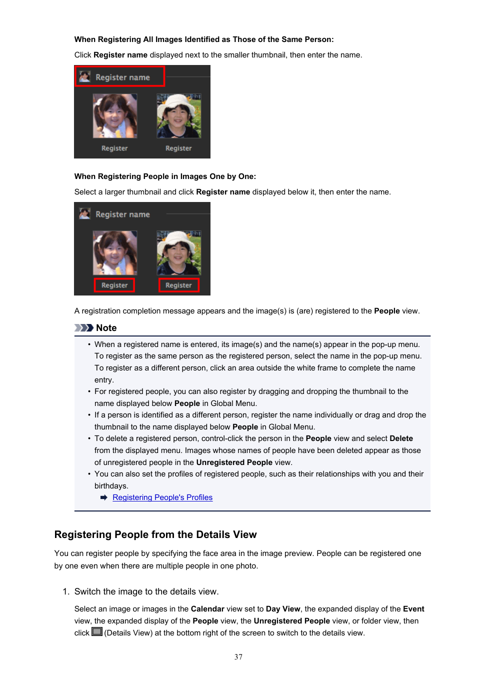 Registering people from the details view | Canon PIXMA MX395 User Manual | Page 37 / 300