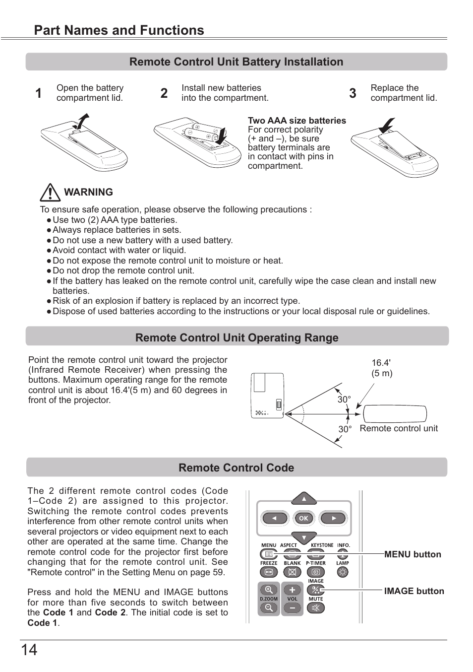 Remote control unit battery installation, Remote control unit operating range, Remote control code | Remote control unit battery installation 14, Remote control unit operating range 14, Part names and functions | Canon LV-7392A User Manual | Page 14 / 84