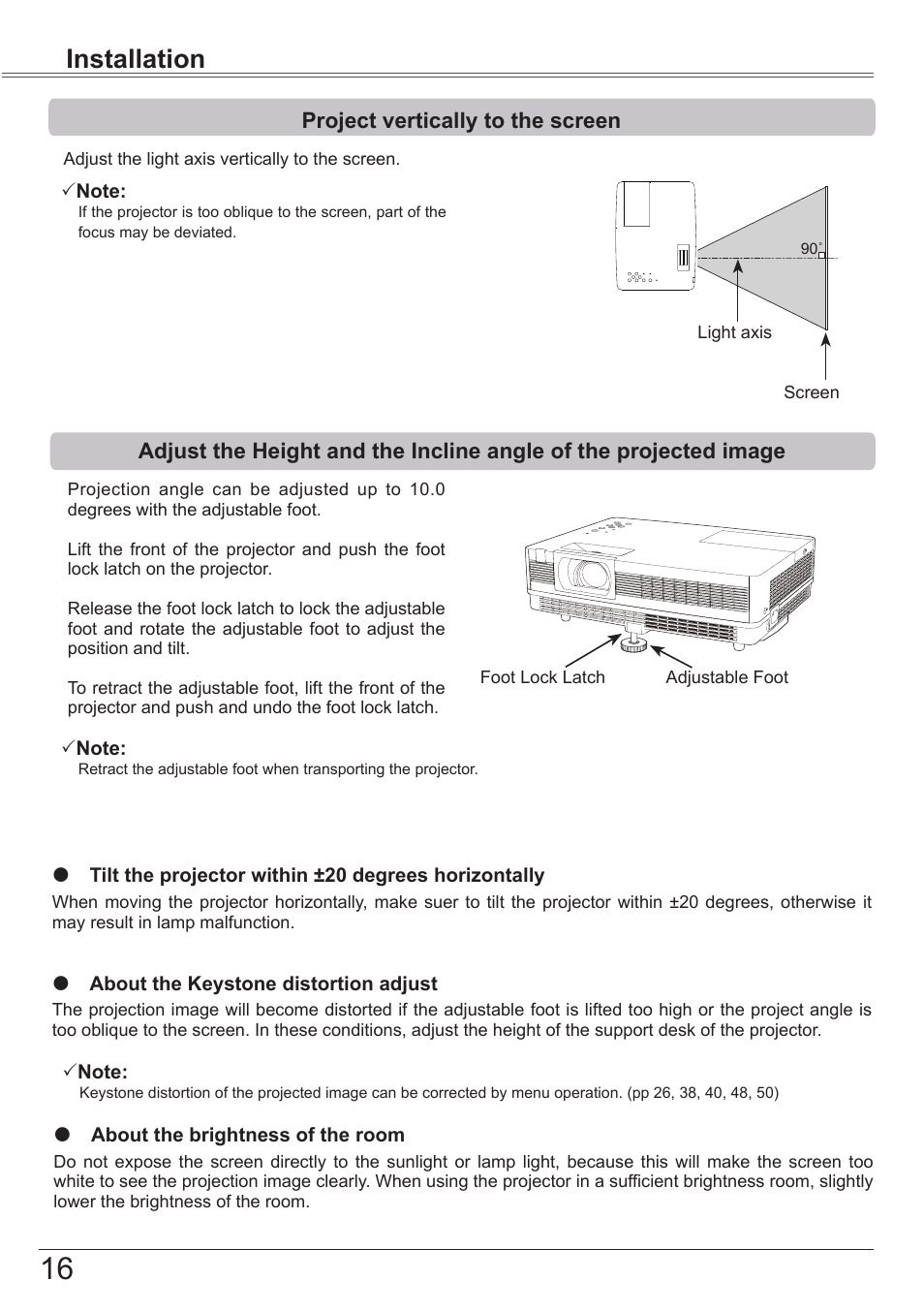 Project vertically to the screen, Adjust of the height and the, Incline angle of the projected image | Installation | Canon LV-7392A User Manual | Page 16 / 84