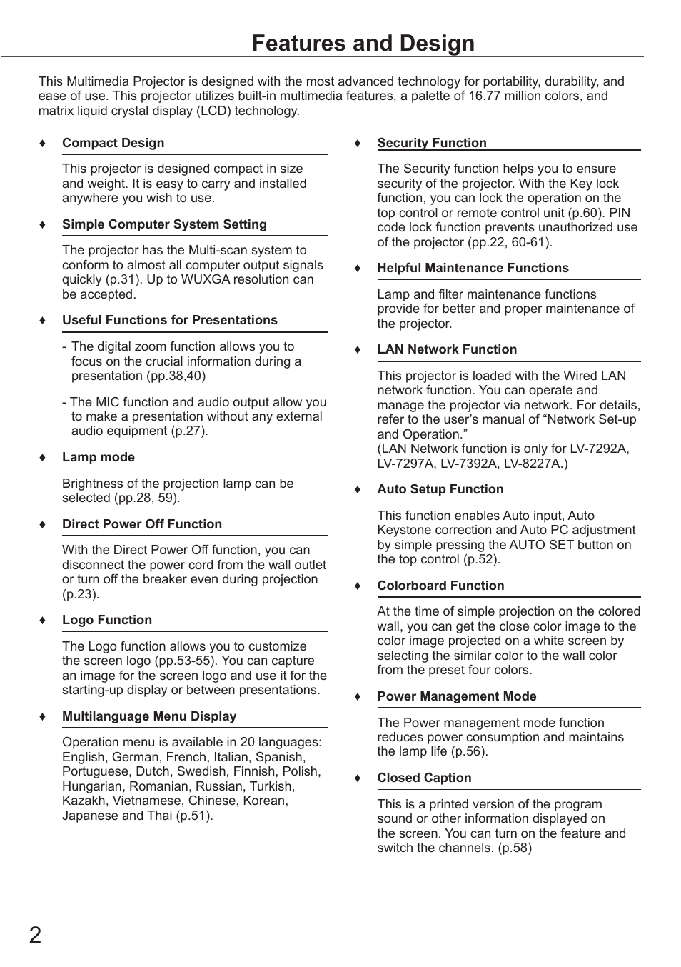Features and design, 2features and design | Canon LV-7392A User Manual | Page 2 / 84