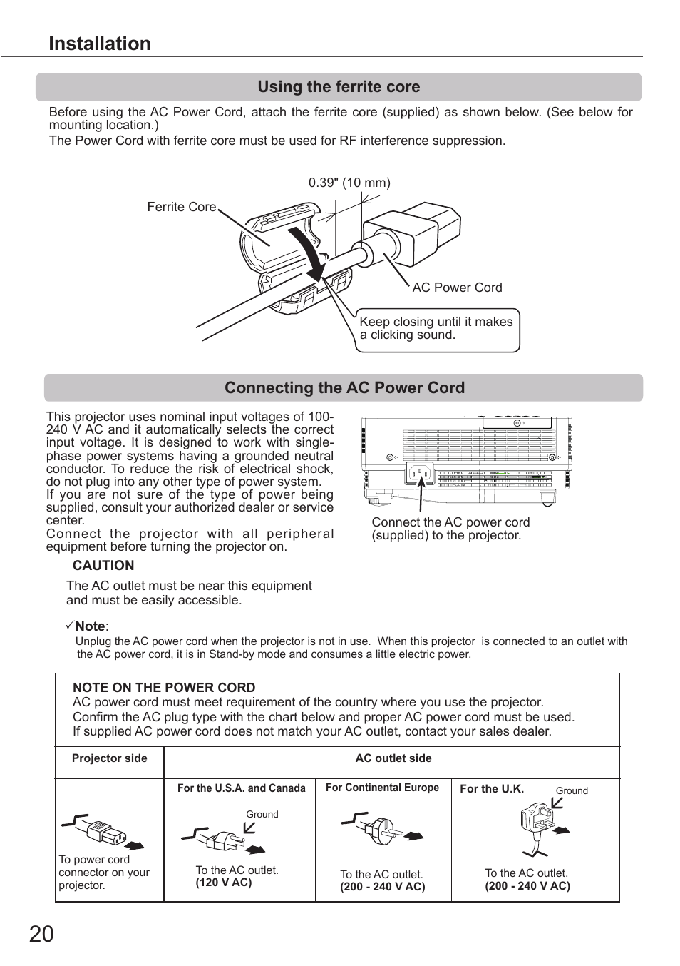 Using the ferrite core, Connecting the ac power cord, Installation | Canon LV-7392A User Manual | Page 20 / 84