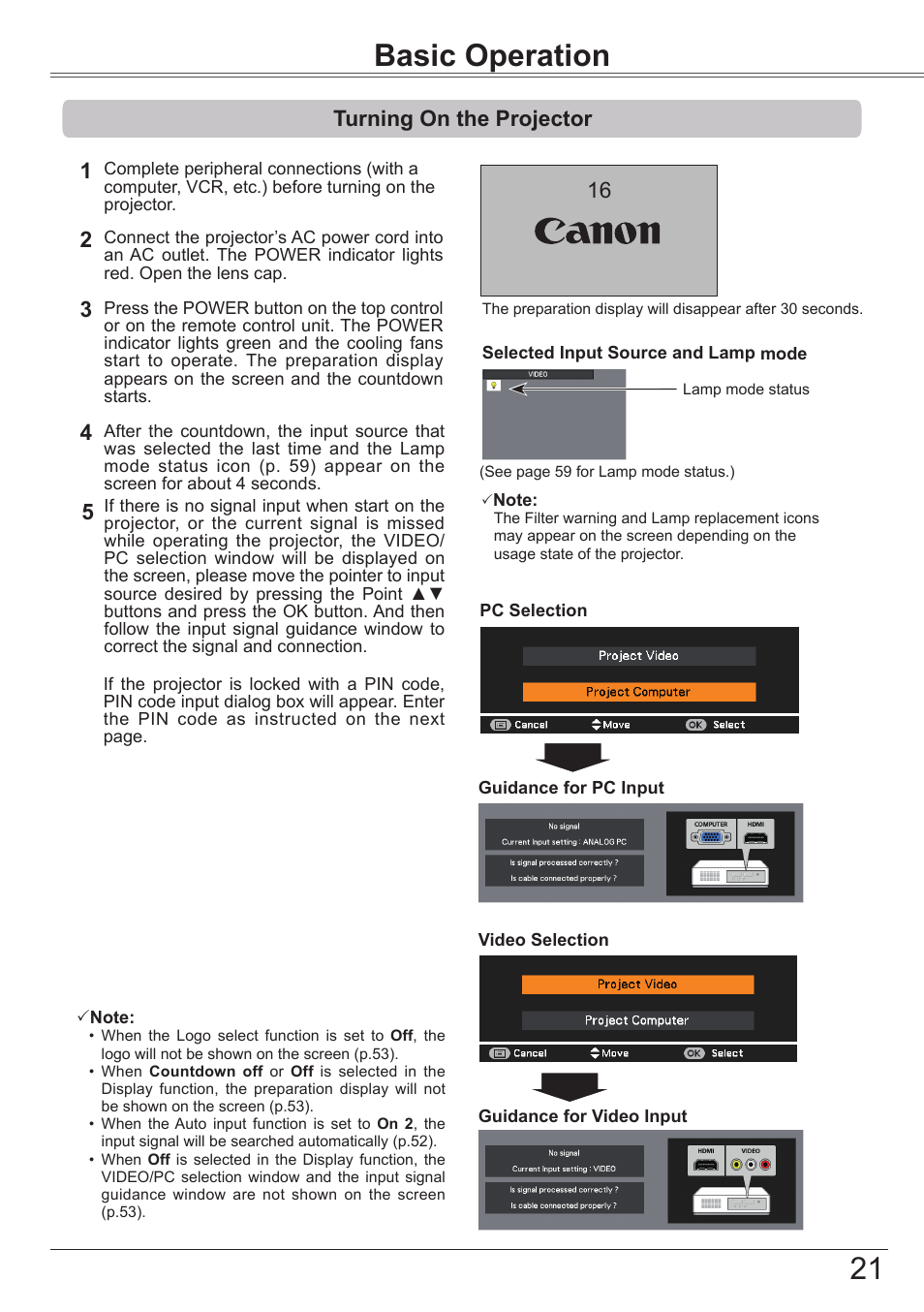 Basic operation, Turning on the projector, Installation | Canon LV-7392A User Manual | Page 21 / 84