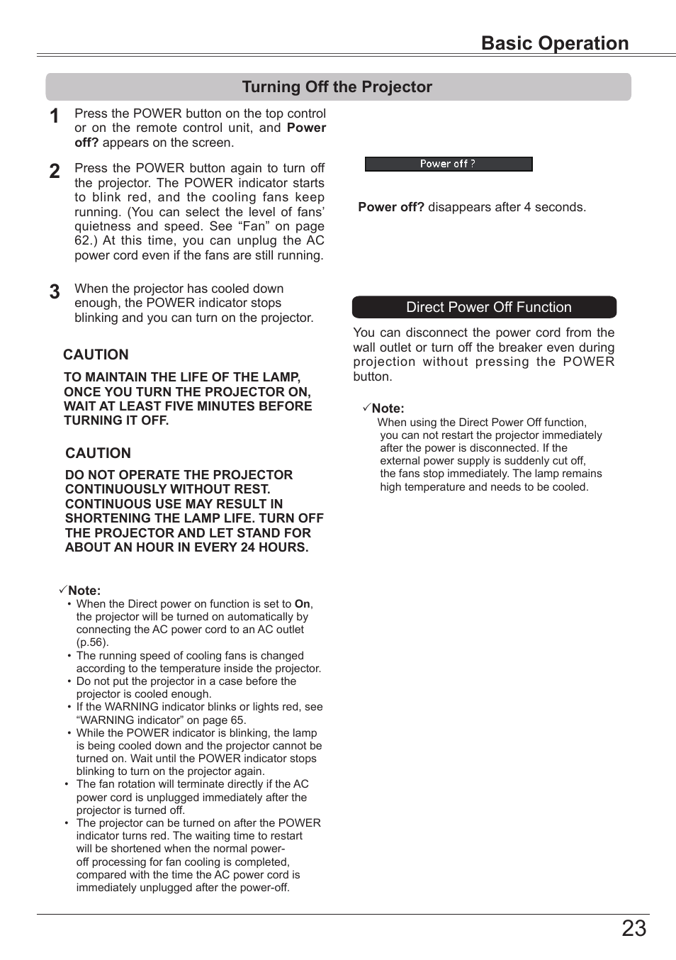 Turning off the projector, Basic operation | Canon LV-7392A User Manual | Page 23 / 84