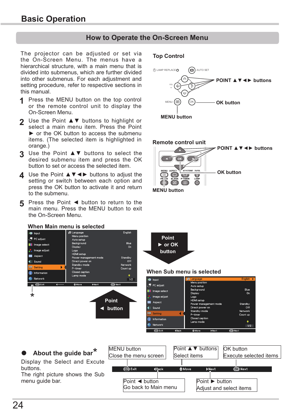 How to operate the on-screen menu, How to operate the on-screen menu 24, Basic operation | Canon LV-7392A User Manual | Page 24 / 84