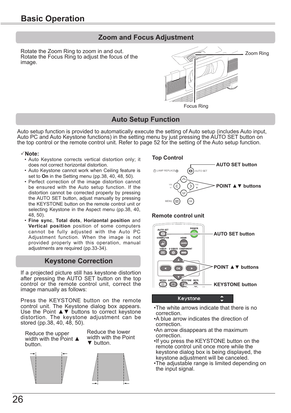 Zoom and focus adjustment, Auto setup function, Keystone correction | Basic operation | Canon LV-7392A User Manual | Page 26 / 84
