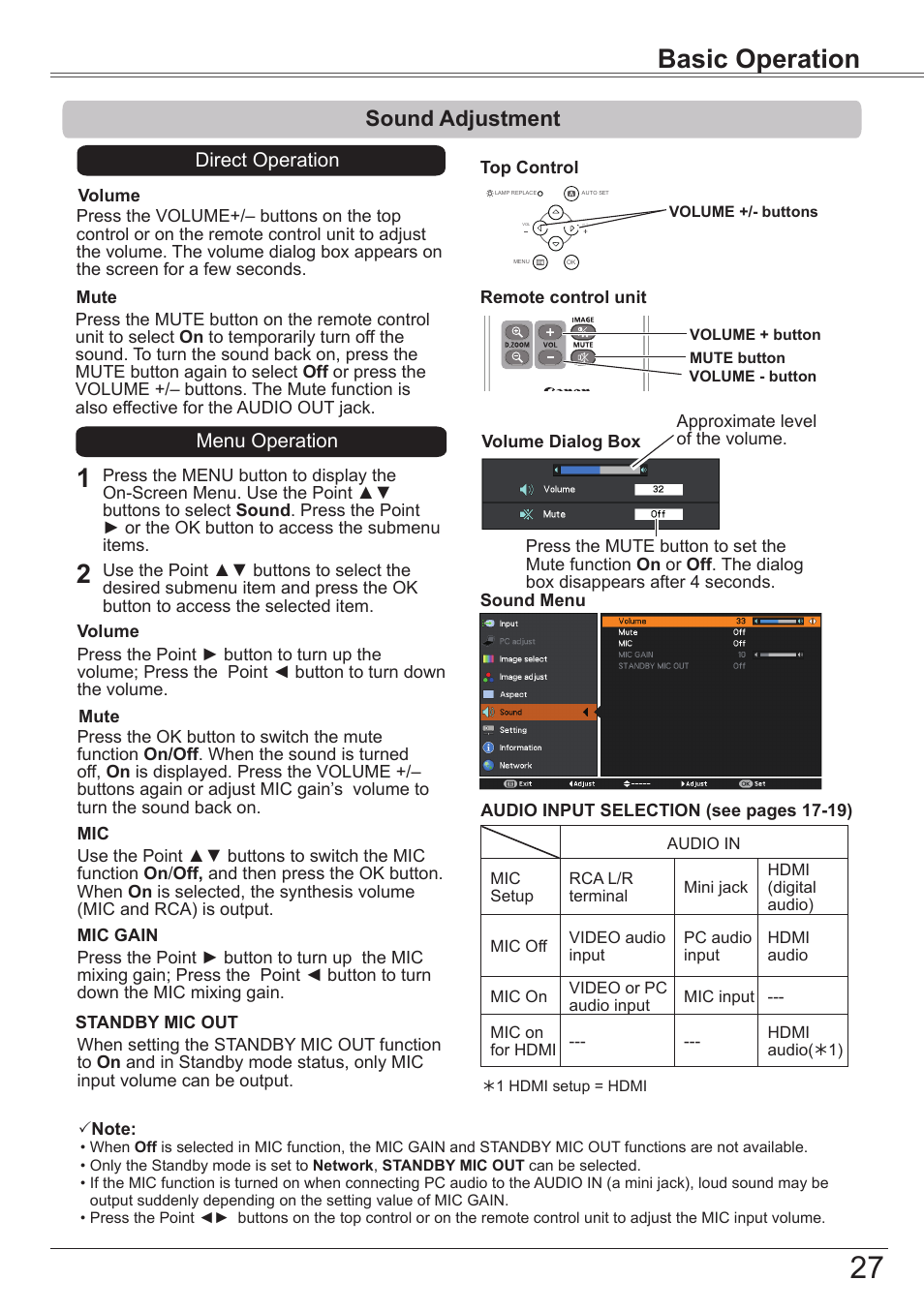 Sound adjustment, Basic operation, Basic operation 1 2 | Canon LV-7392A User Manual | Page 27 / 84