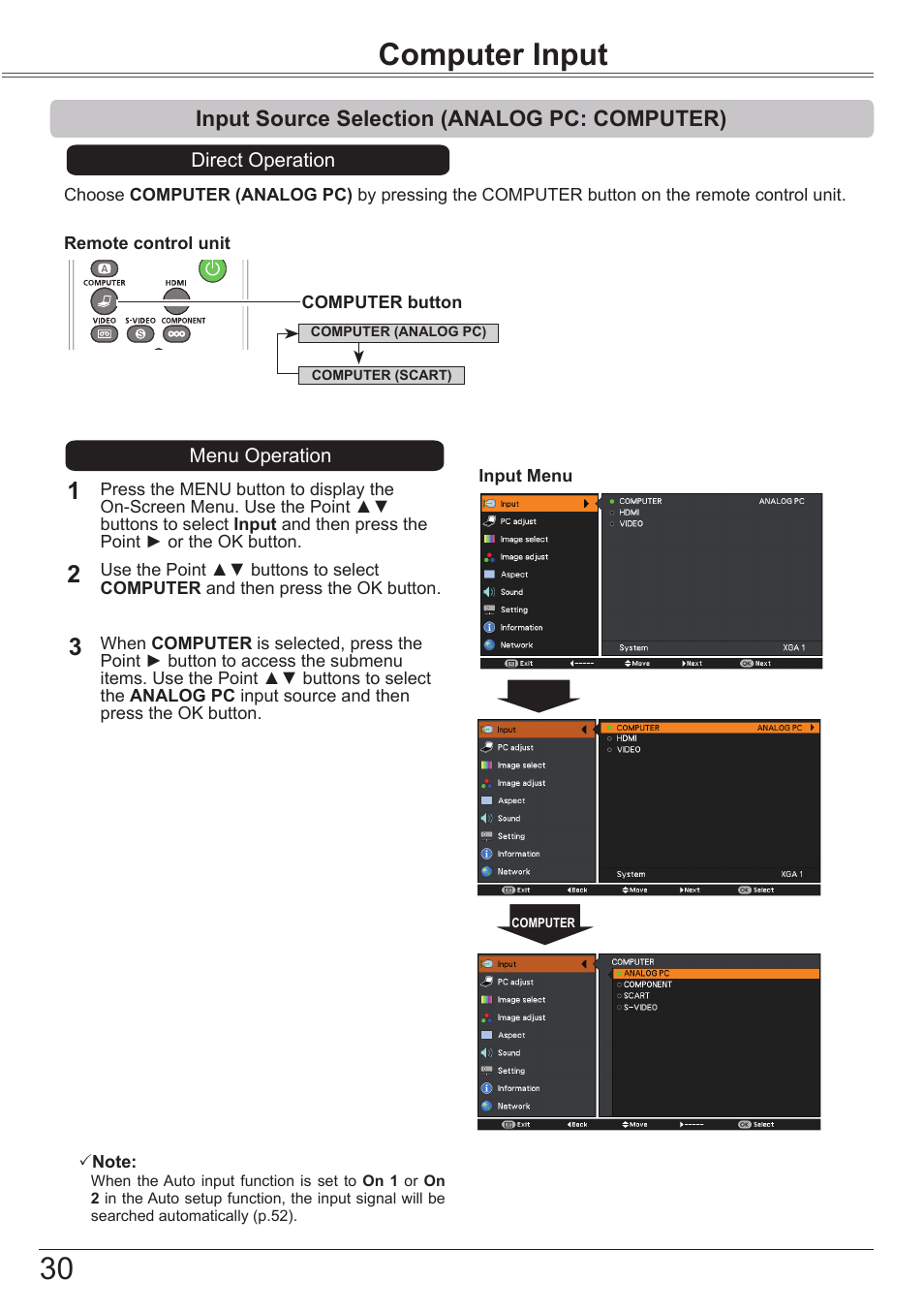 Computer input, Input source selection (analog pc: computer), Input source selection (analog pc | Computer) | Canon LV-7392A User Manual | Page 30 / 84