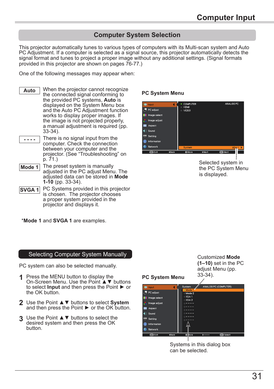 Computer system selection, Computer input | Canon LV-7392A User Manual | Page 31 / 84