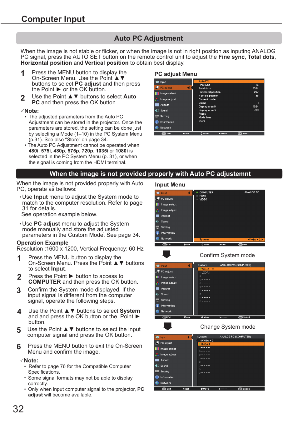 Auto pc adjustment, Computer input | Canon LV-7392A User Manual | Page 32 / 84
