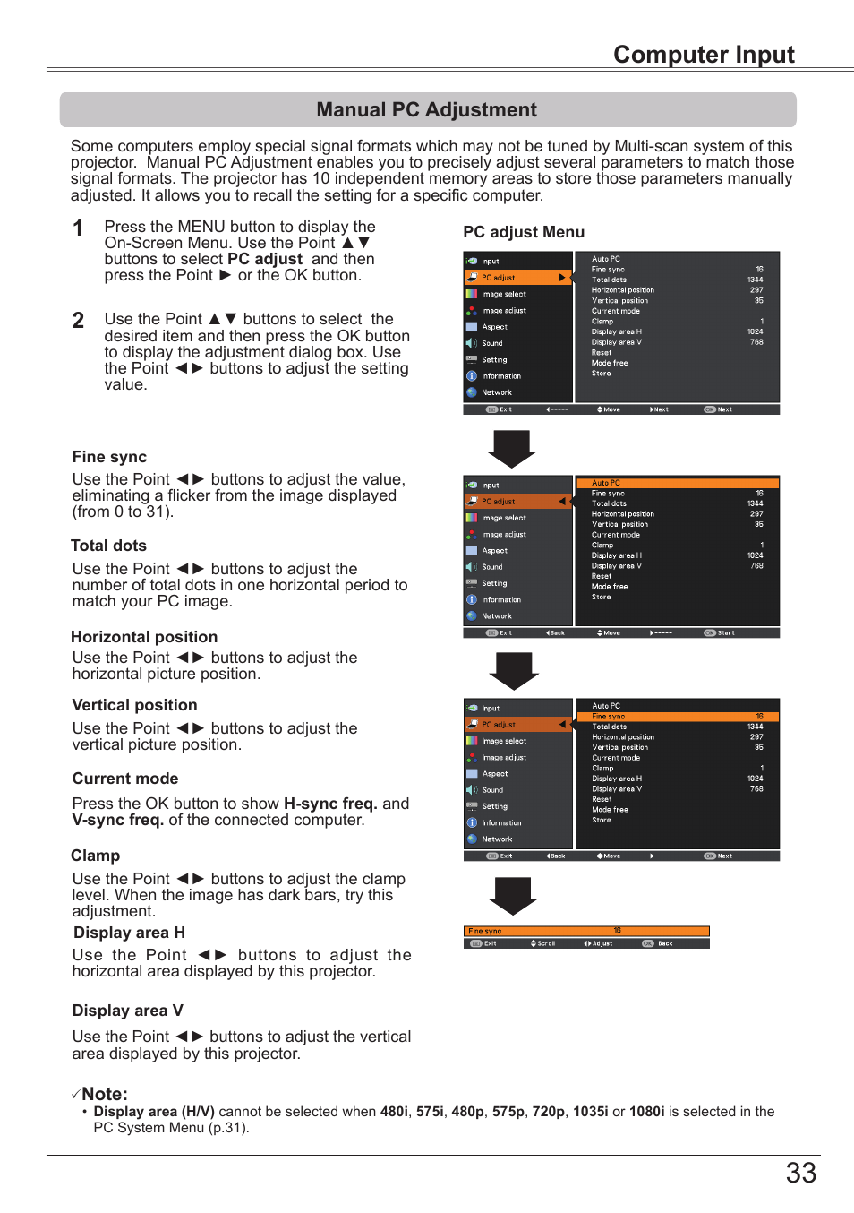 Manual pc adjustment, Computer input | Canon LV-7392A User Manual | Page 33 / 84