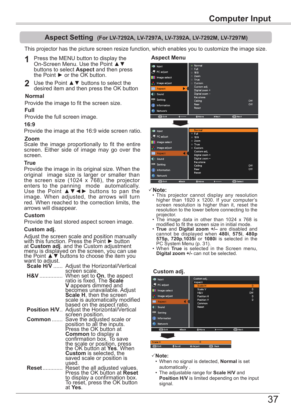 Aspect setting, For lv-7292a, lv-7297a, lv-7392a, Lv-7292m, lv-7297m) | Computer input | Canon LV-7392A User Manual | Page 37 / 84
