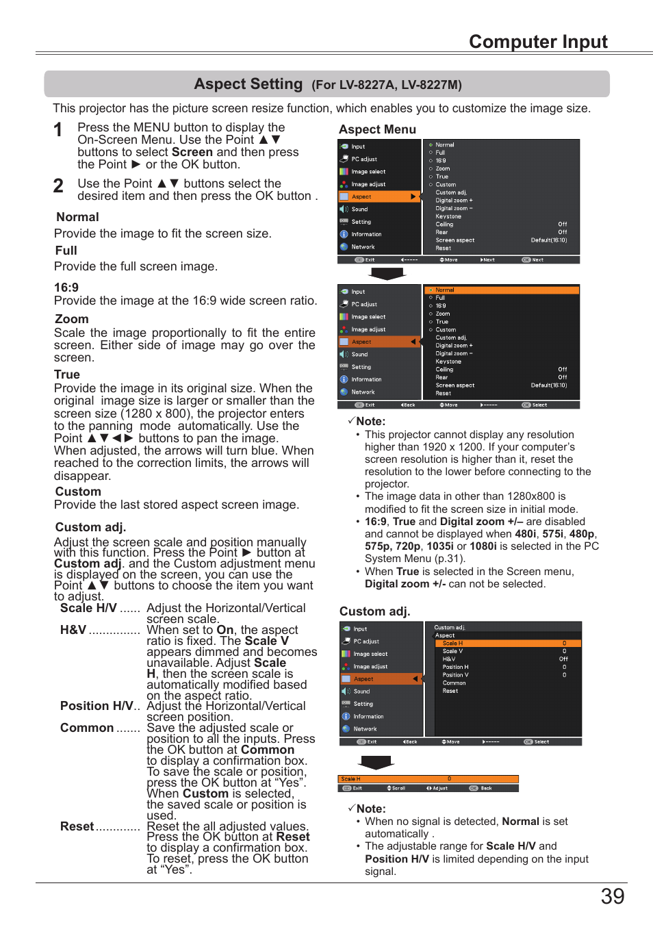Aspect setting (for lv-8227a, lv-8227m), Aspect setting, For lv-8227a, lv-8227m) | Computer input | Canon LV-7392A User Manual | Page 39 / 84