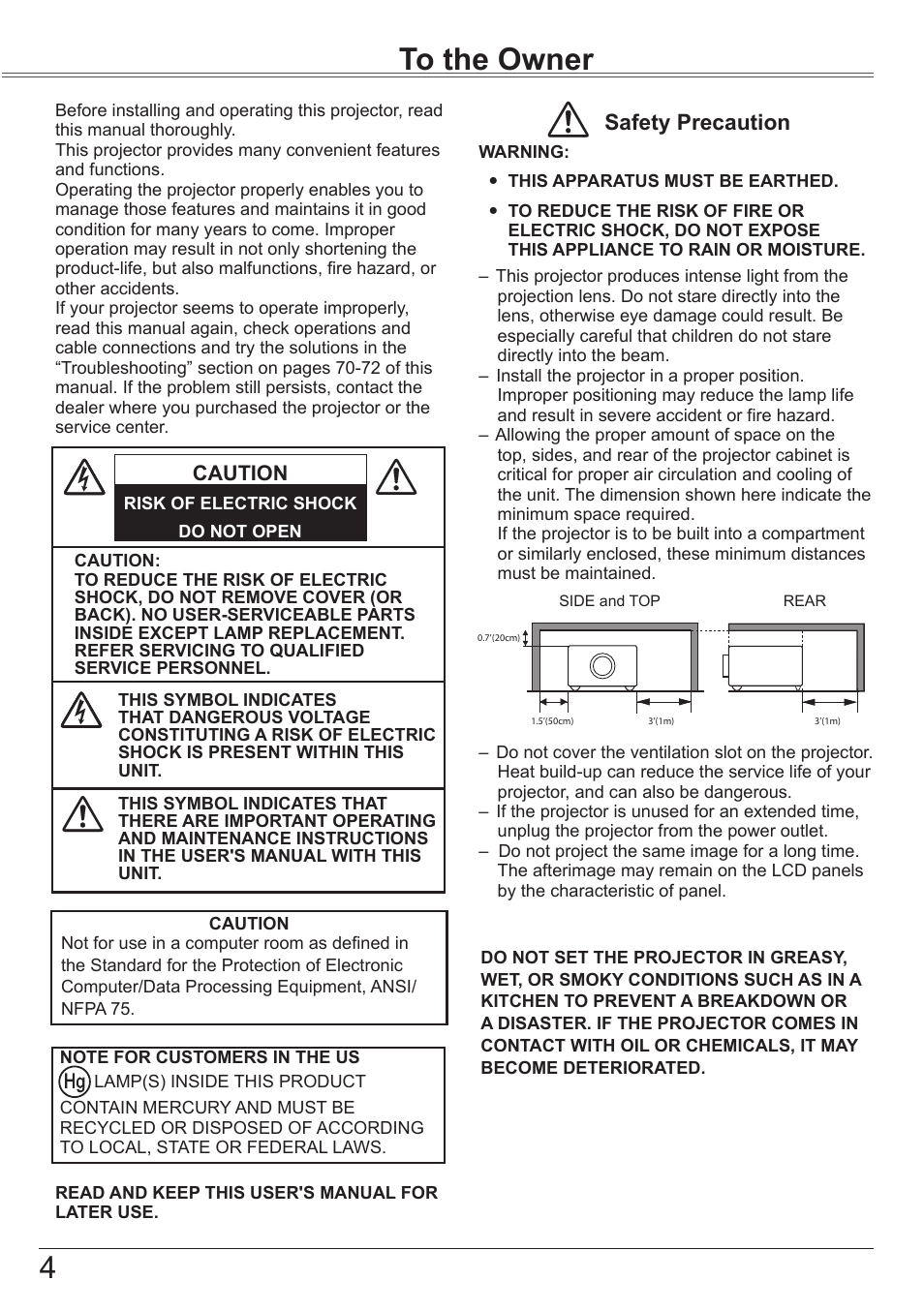 To the owner, 4to the owner, Safety precaution | Caution | Canon LV-7392A User Manual | Page 4 / 84