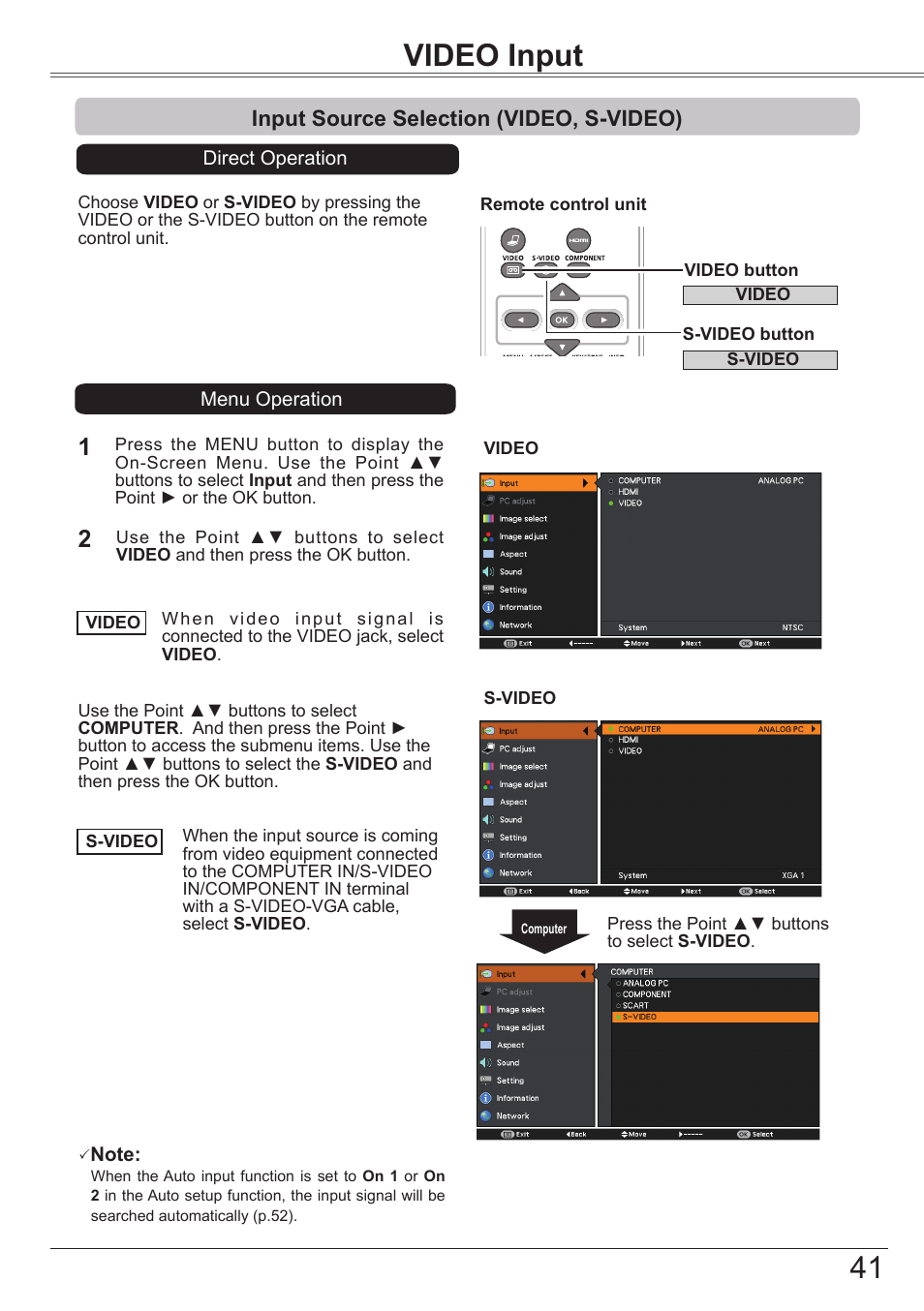 Video input, Input source selection (video, s-video), Input source selection (video, s-video) 41 | 41 video input, Computer input | Canon LV-7392A User Manual | Page 41 / 84