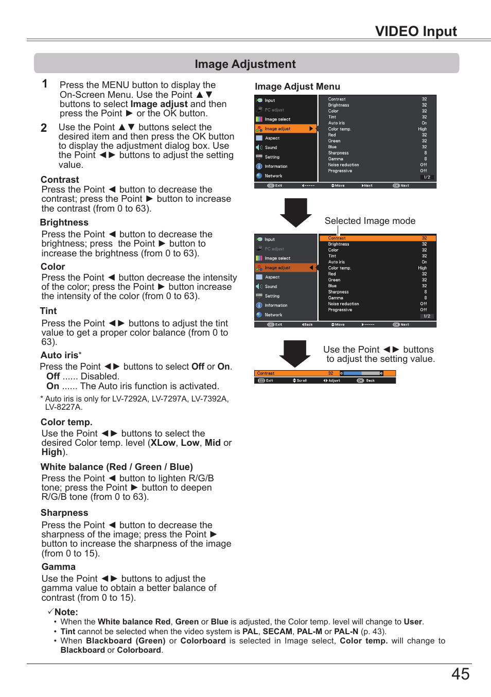 Image adjustment, Video input, Image adjustment 1 2 | Canon LV-7392A User Manual | Page 45 / 84
