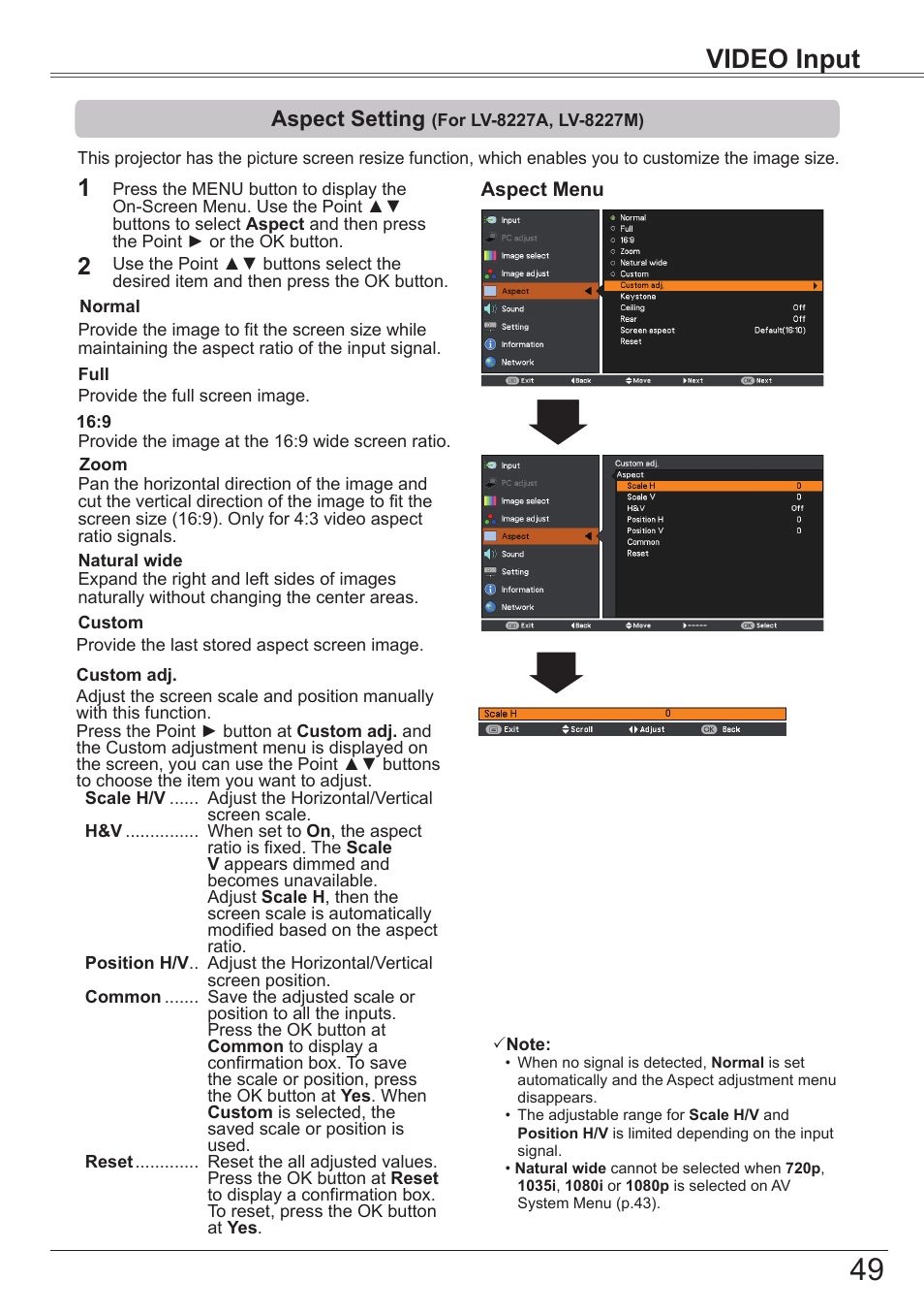 Aspect setting (for lv-8227a, lv-8227m), Aspect setting, For lv-8227a, lv-8227m) | Video input | Canon LV-7392A User Manual | Page 49 / 84