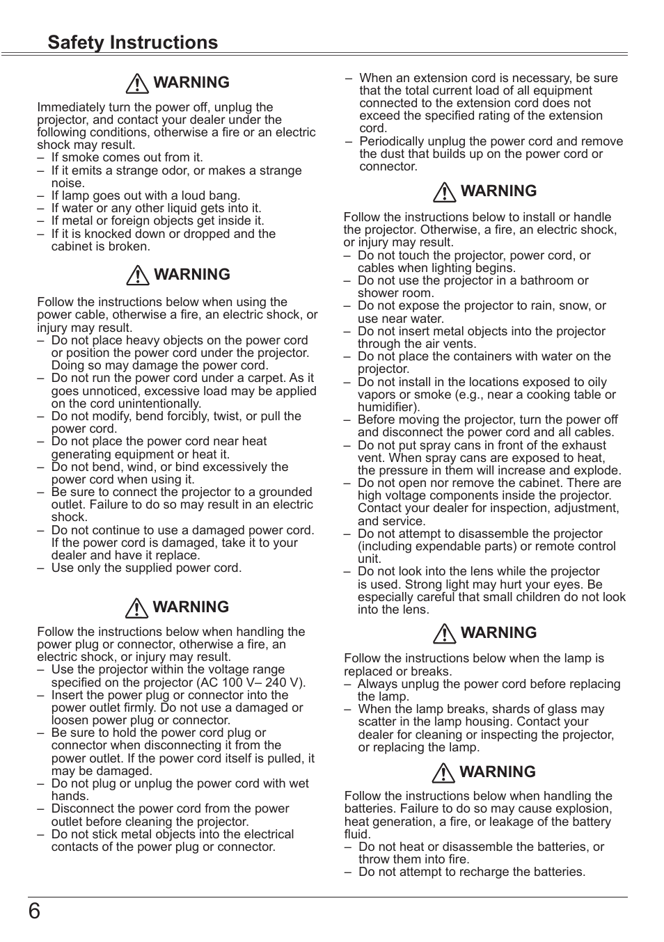 Safety instructions, Warning | Canon LV-7392A User Manual | Page 6 / 84