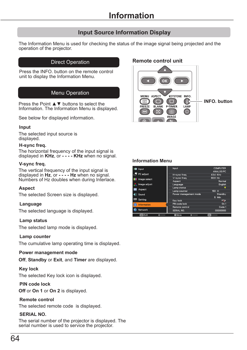 Information, Input source information display, Information maintenance and cleaning | Canon LV-7392A User Manual | Page 64 / 84
