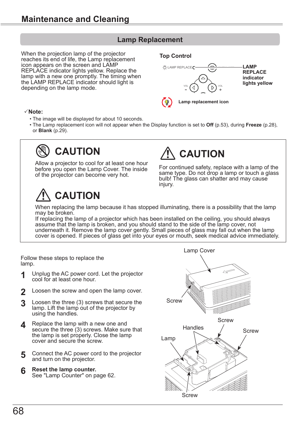 Lamp replacement, Caution, Maintenance and cleaning | Canon LV-7392A User Manual | Page 68 / 84
