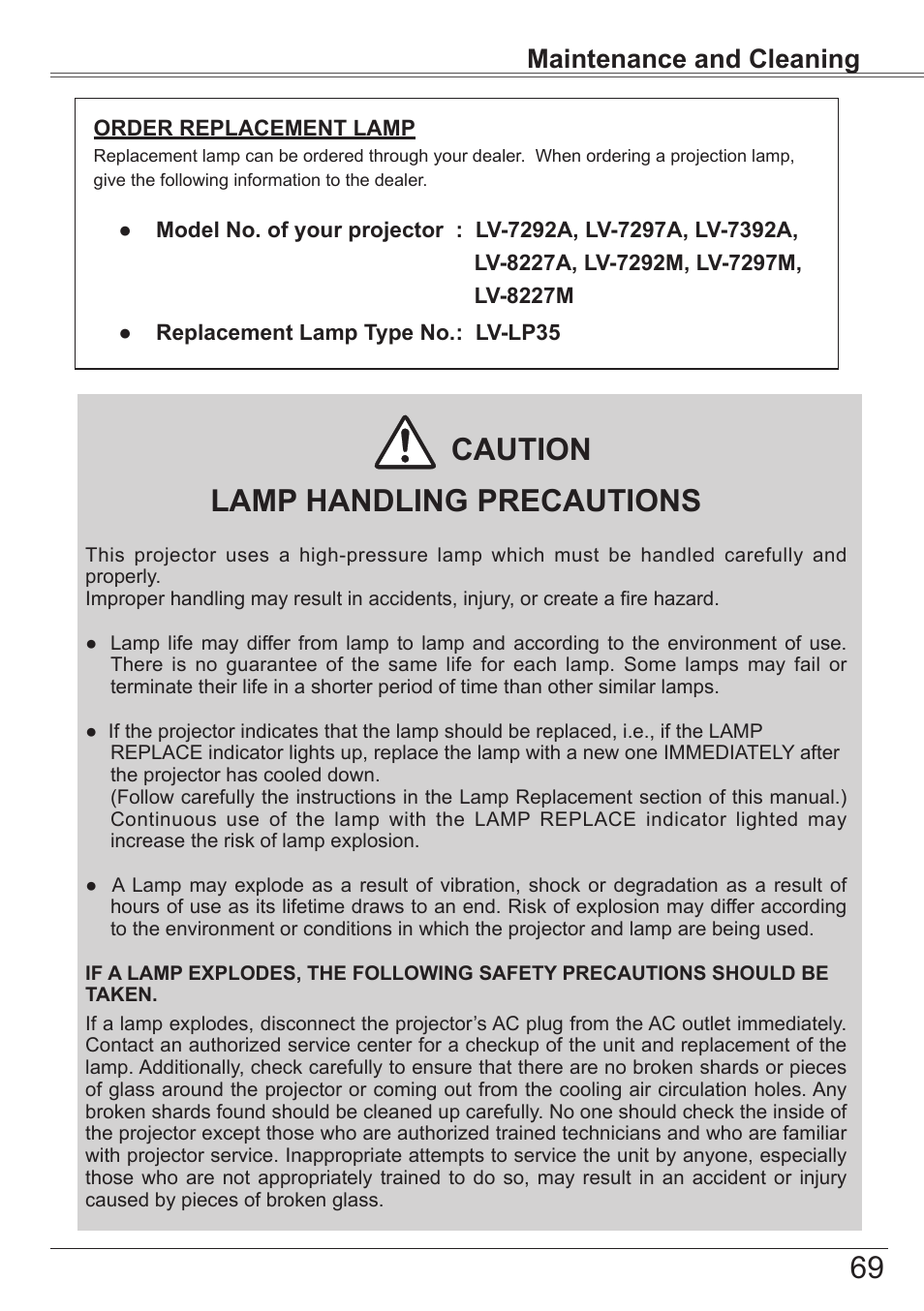 Lamp handling precautions, Caution, Maintenance and cleaning | Canon LV-7392A User Manual | Page 69 / 84