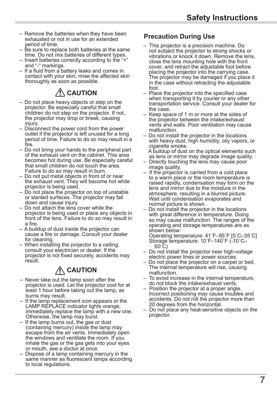 Safety instructions, Precaution during use caution caution | Canon LV-7392A User Manual | Page 7 / 84